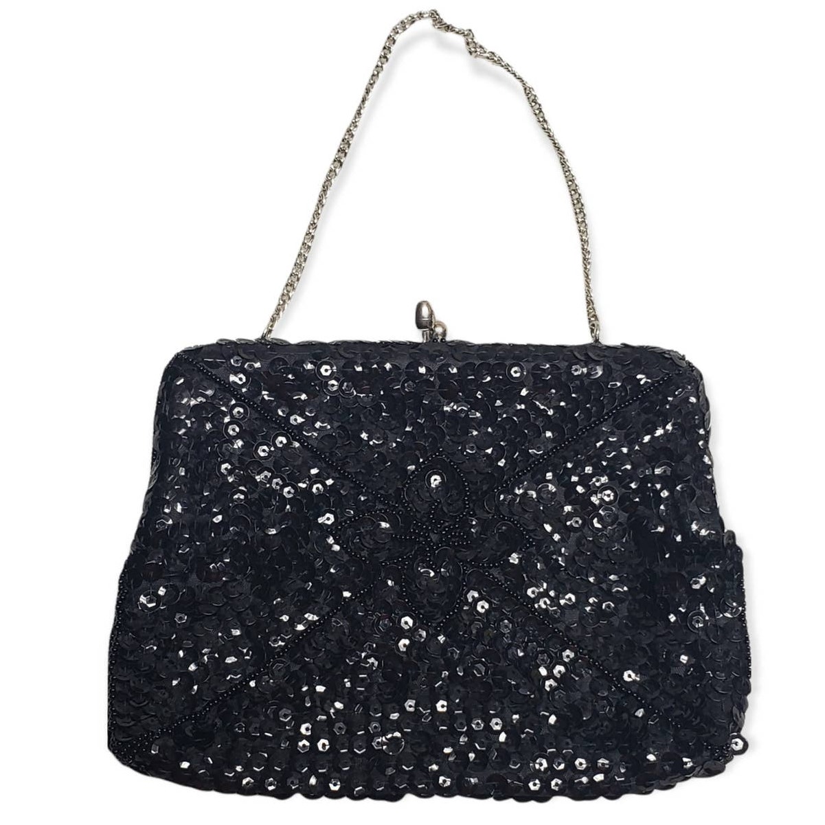 La Regale Black Sequin Evening Clutch / Purse Flower Design Silver Chain & Clasp